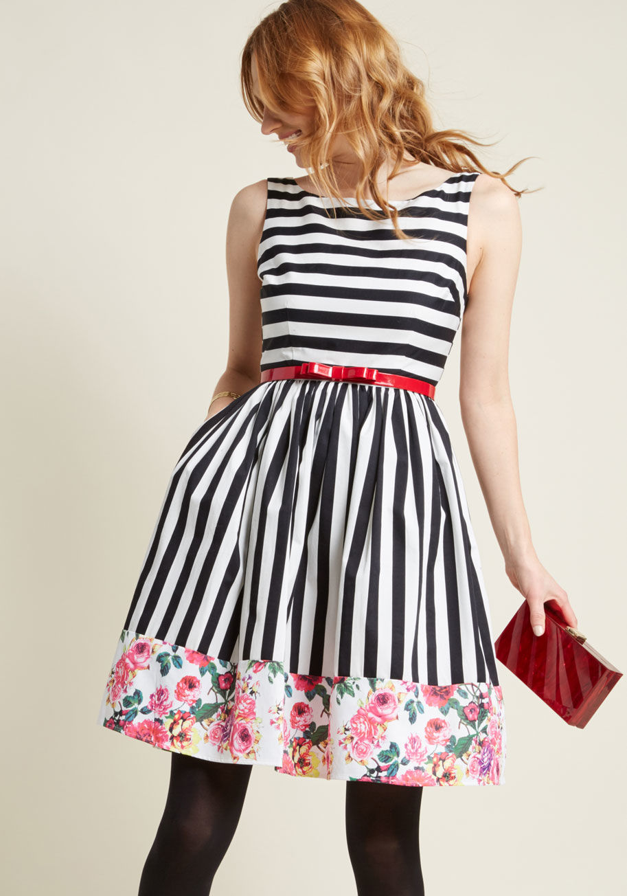 B1079A - Whether you&rsquo;re talkin&rsquo; print mixing or playlist perfecting, you&rsquo;re a master, as exhibited by this cotton dress - part of our ModCloth namesake label. Designed with darts, a gathered waist topped with a glossy red belt, and black and whit