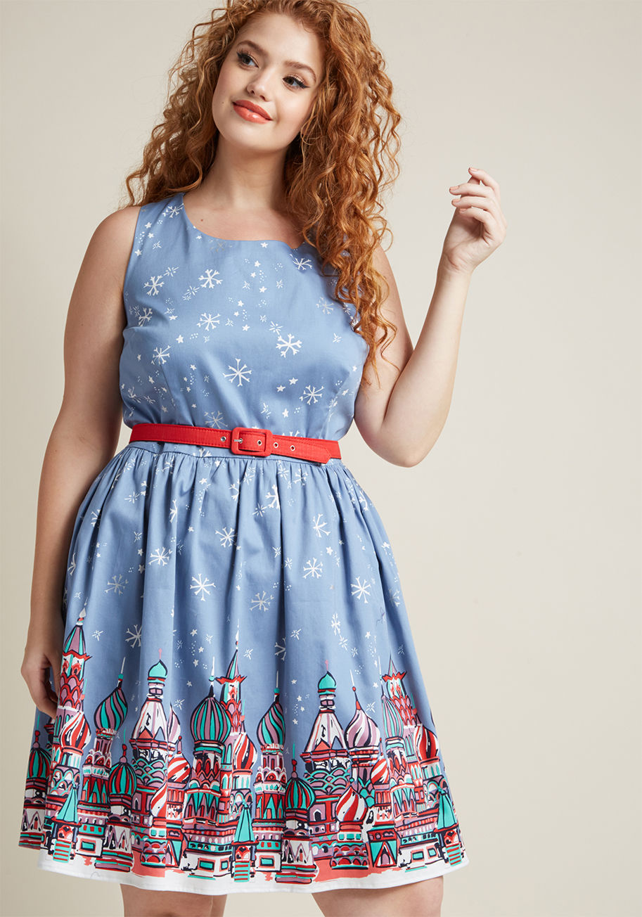 B3586G - Though your tastes may change with the seasons, this slate blue A-line is a piece you&rsquo;re thrilled to flaunt all year &lsquo;round. Part of our ModCloth namesake label, this midi features pockets and a stunning painted print of a vibrant domed city s