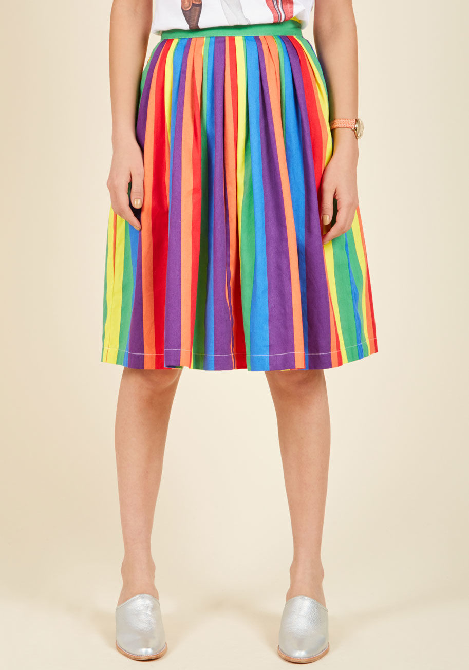 B7083A - Inaugurate your ambition by stepping into this A-line skirt - a standout style from our ModCloth namesake label! In but a moment, the pretty pleats, dreamy rainbow of vertical stripes, and secret pockets of this elasticized-back beauty will boost your pas