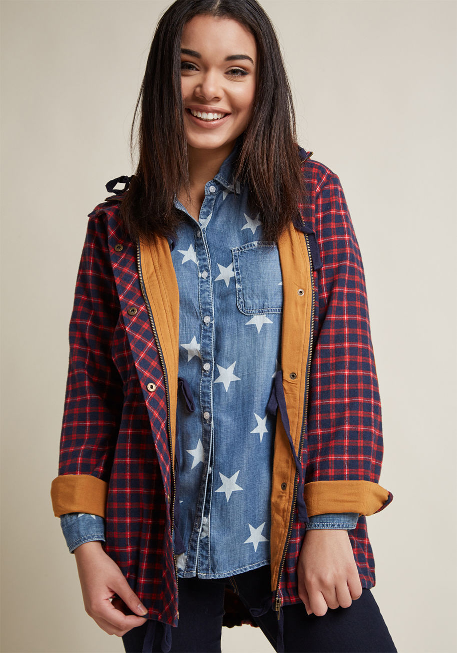 BA6184 - Enjoy your weekend escape to the fullest by sporting this red plaid jacket throughout. From popping out for firewood to strolling along the lakeshore, the mustard yellow lining, tawny faux-suede elbow patches, drawstring-cinched waist, and roomy hood of t