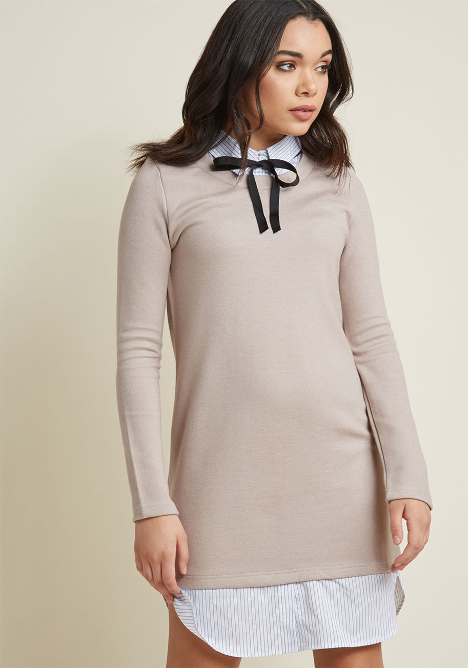 BC6385 - Set your studying aside and enjoy a stylish, snuggly break with this cozy sweatshirt dress and your favorite brew! Touting an illusory white-and-blue striped Oxford collar and curved hem to match, a black grosgrain ribbon tie, and a rich cafe au lait hue,