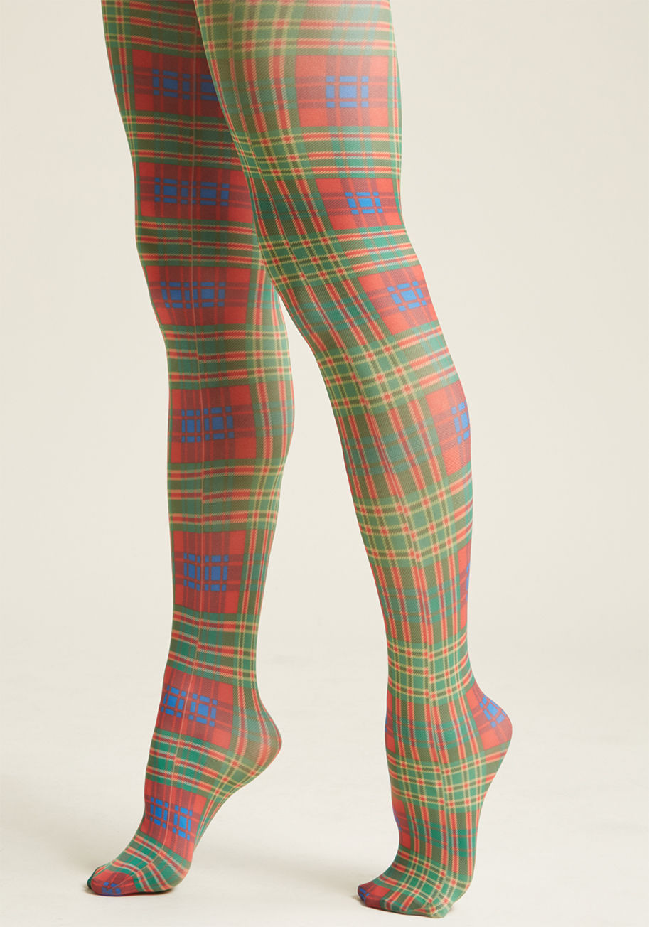 Benton Plaid Tights - As you come crashing into autumnal ensembles, you might benefit from these plaid tights! Intersecting red and green tones - with a hint of blue mixed