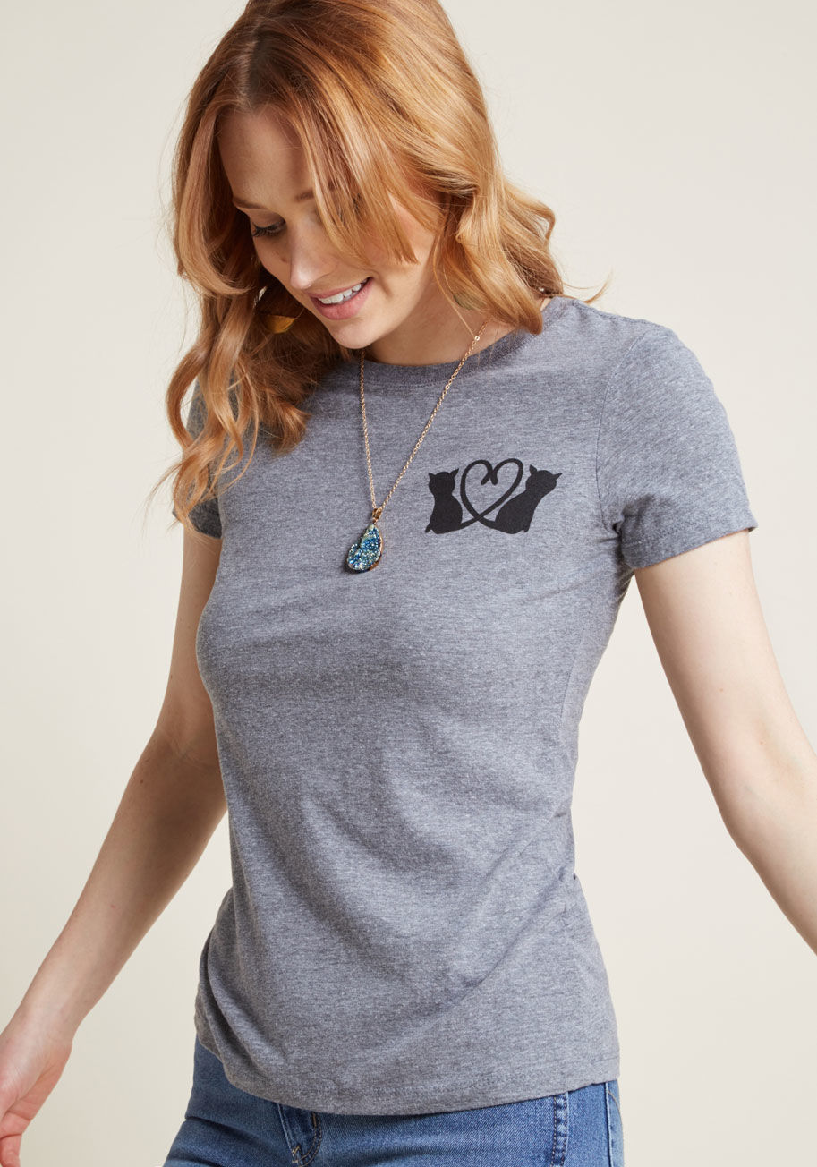 Cat Lovers - Whether sending a subtle message to your crush or declaring your dedication to casual style, this heather grey tee tells of tenderness. As heartwarming as 'whisker-ing' sweet nothings, the heart-curling tails on this ModCloth-exclusive top's petite, black