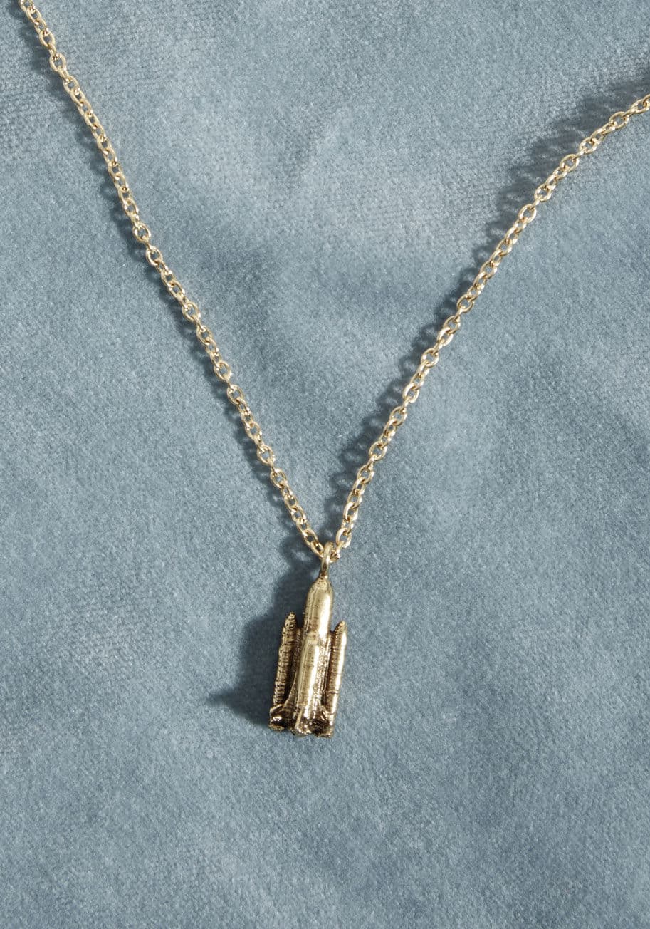 CH-STSFS-XL-BR - Catch you without this gold necklace on? Nonsense! This adorable accessory is one you'll flaunt with frequency, for its tiny, 3D printed space shuttle pendant makes for an accent that you won't want to go without for even a minute.