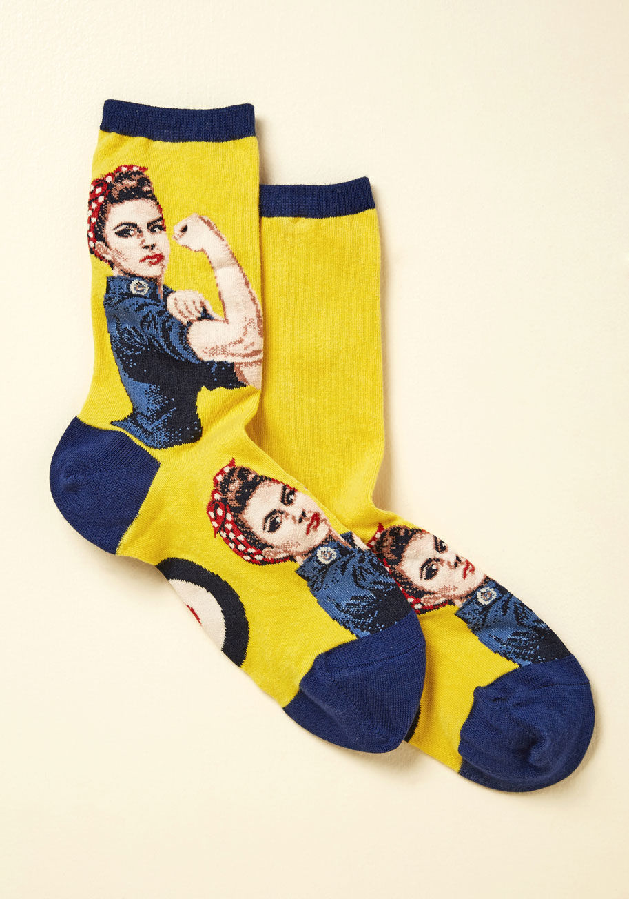 CRTRYEL - When it comes to polishing up your look with empowerment, these yellow socks do just the job! Inspiring you to roll up your sleeves - or your pants - with its iconic print of Rosie the Riveter, this pair is an obvious choice for the go-gettin&rsquo; gal.