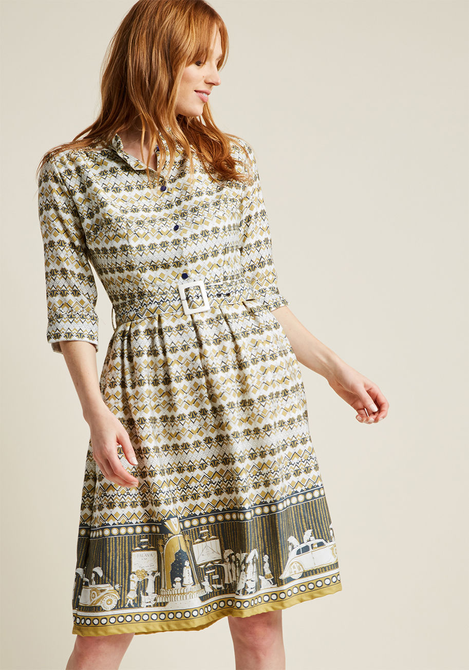 Cynthia Navy Red Carpet - Tell your own narrative of silver screen stardom with this patterned shirt dress from Palava - a ModCloth exclusive! Along with a small storybook, this pocketed piece features a stand collar, half sleeves with split cuffs, and 100% Tencel fabric to emphas