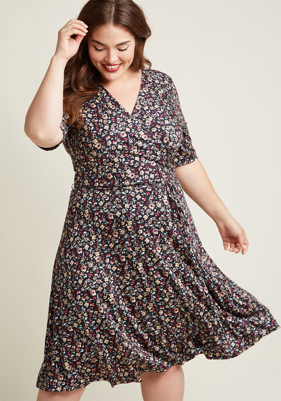 D11394B - Keeping this floral wrap dress on hand means a look of everyday elegance is always available. It takes only moments to don the black base hue, cropped sleeves, and slim self sash of this knit number - a ModCloth exclusive - with the added benefit of appea