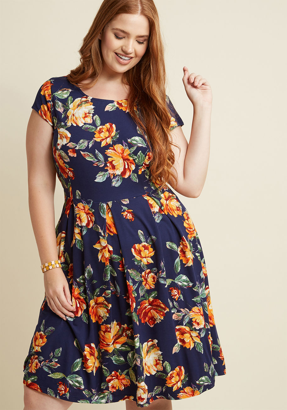 D12602A - Take all the compliments you'll receive on this navy dress as all the reason you need to flaunt this flirty piece on the reg! A ModCloth exclusive, this A-line was made for adoration with its brushed knit fabric, sleek princess seams, pretty pleats, and g