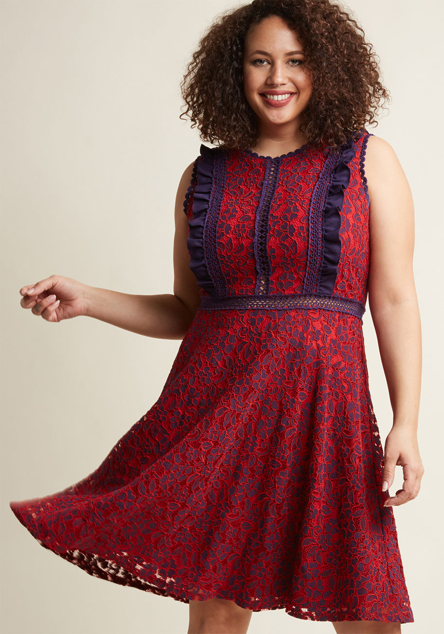 D15534CIS - If it's details you adore, then you've found the right frock! This red lace dress - a ModCloth exclusive - indulges your every intricate whim with its scalloped neckline and arms, bodice ruffles, and transparent trim down the bust and around the waist, al