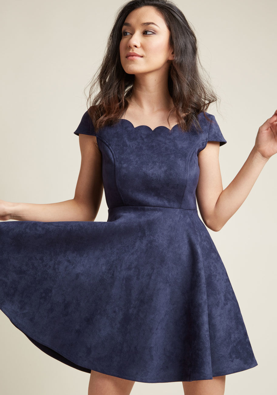 D15563CJL - When it comes to describing just how darling this navy skater dress really is, 'flirty' only cracks the surface! A ModCloth exclusive, this date night must-have is a delight to your sight with its scallop-detailed neckline and flared skirt, and a treat to