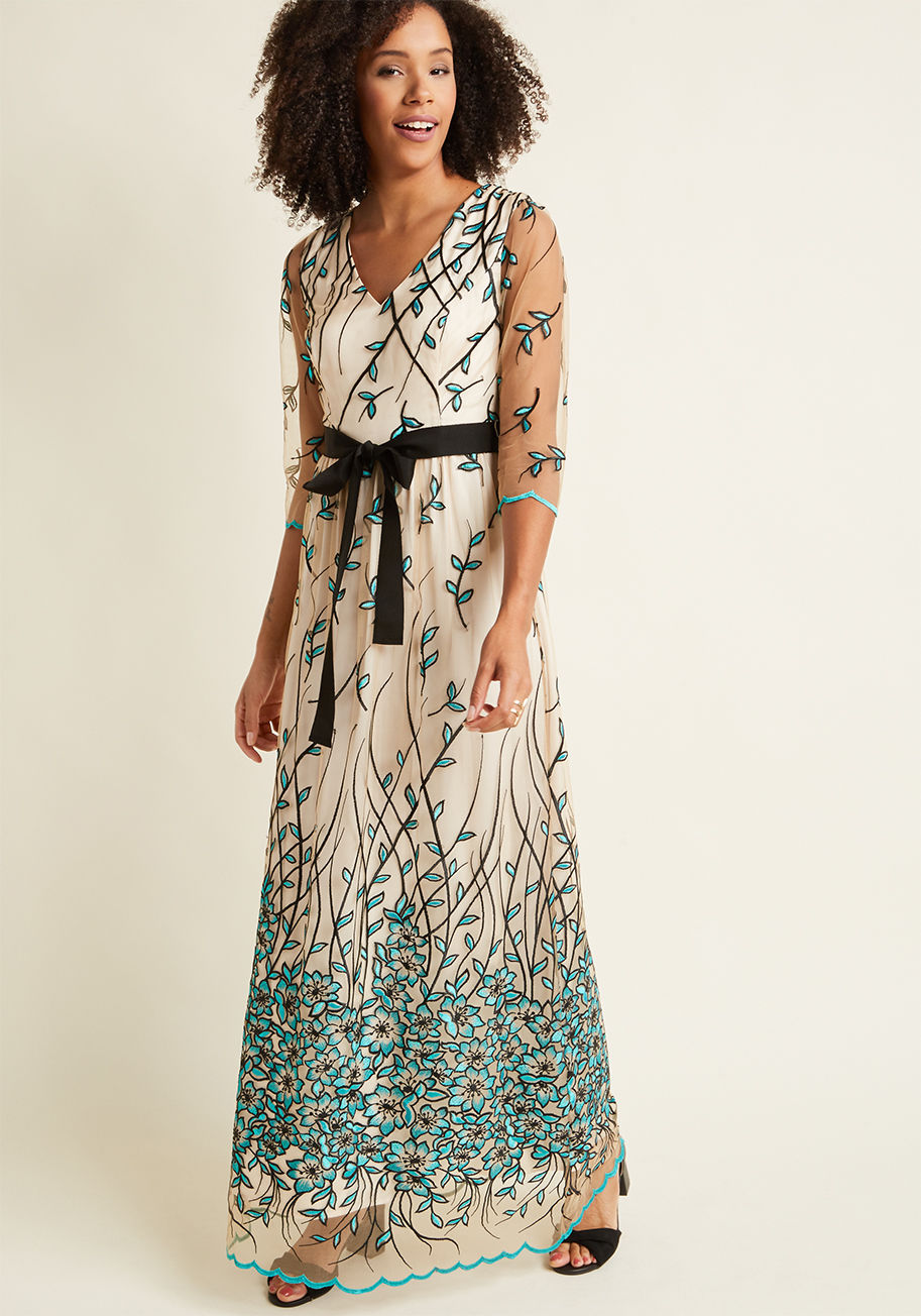 D61555 - You don't need an enchanted garden to feel like a goddess - just this embroidered maxi dress! Veiled