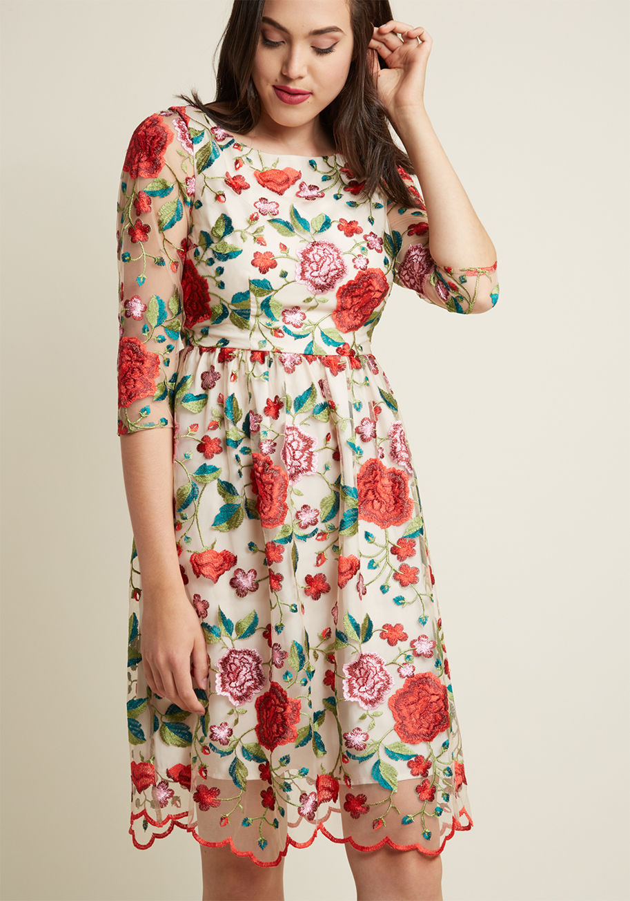 D61560 - With the advent of this embroidered ivory dress, fairytale suddenly holds new meaning. The radiant glowing red and radiant pink flowers vining all over this ModCloth-exclusive frock's mesh overlay are the truest form of enchanting, and its 3/4-length slee