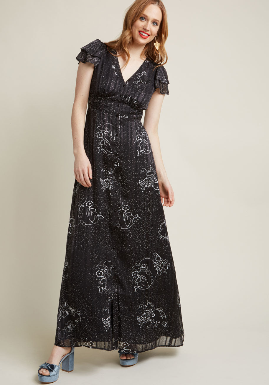 D61719 - How fortuitous an event should arise on your social calendar the moment you discover this black maxi dress! A ModCloth exclusive, this stylish number is warmly welcomed anywhere with its fluttery short sleeves, delicate buttoned front, subtle stripes, and