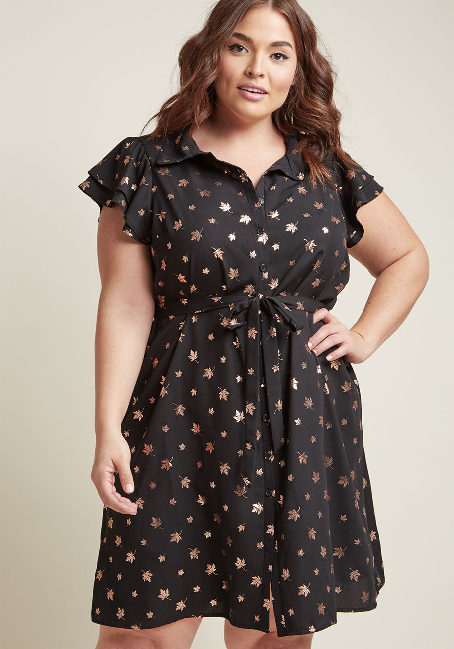 D843-01 - Wear to work? More like 'wow to work! This black shirt dress calls on a collar, tiered flutter sleeves, and an optional sash for waist-cinching to become the most marvelous part of your Monday. Plus, the metallic bronze leaf pattern of this ModCloth-exclu