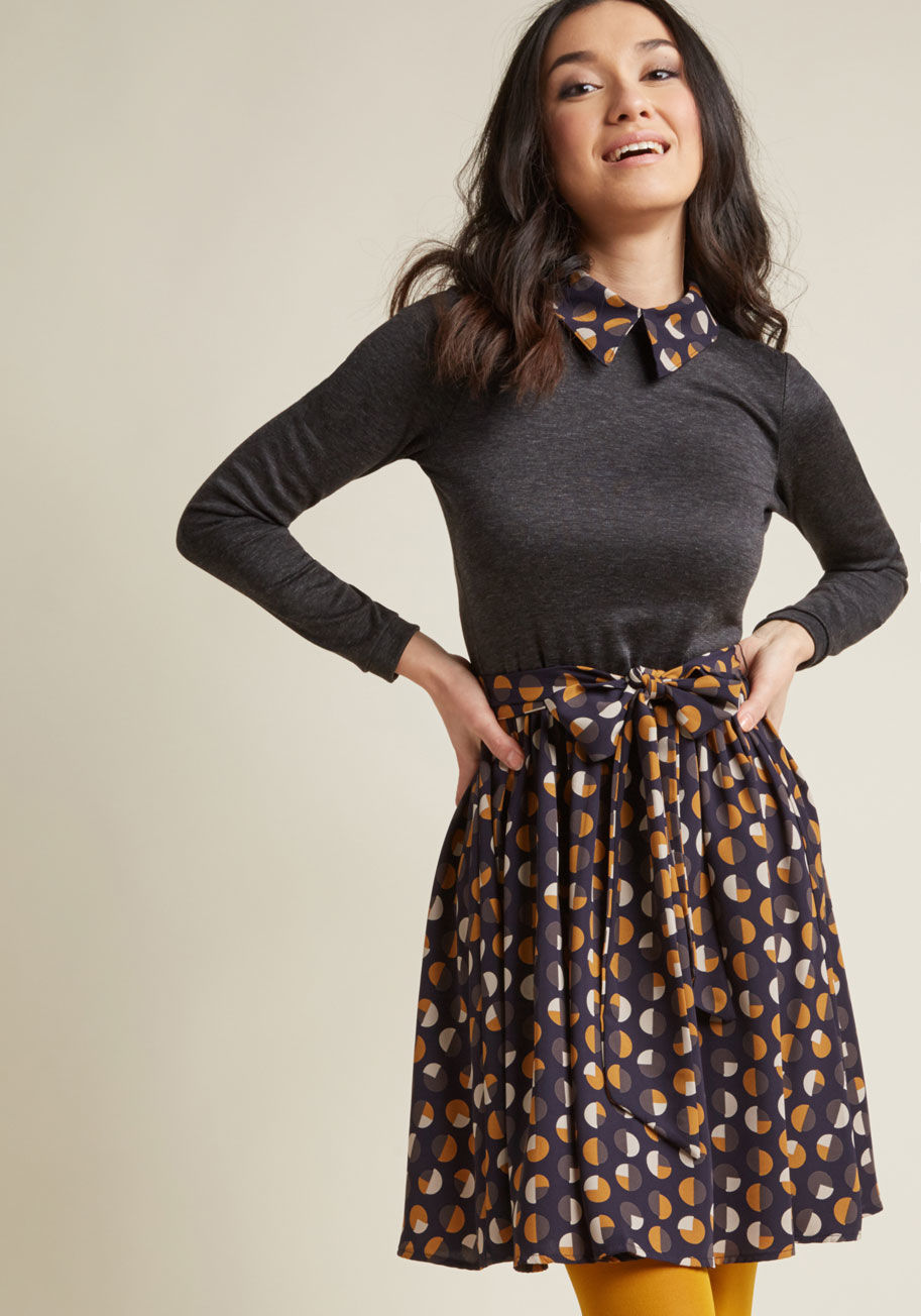 D912-01 - This twofer dress ensures you'll never sacrifice personality for polish! Effortlessly encapsulating both aesthetics you love into one fun frock, this ModCloth exclusive sandwiches a grey knit bodice between a crisp collar and sash-tied skirt, both touting