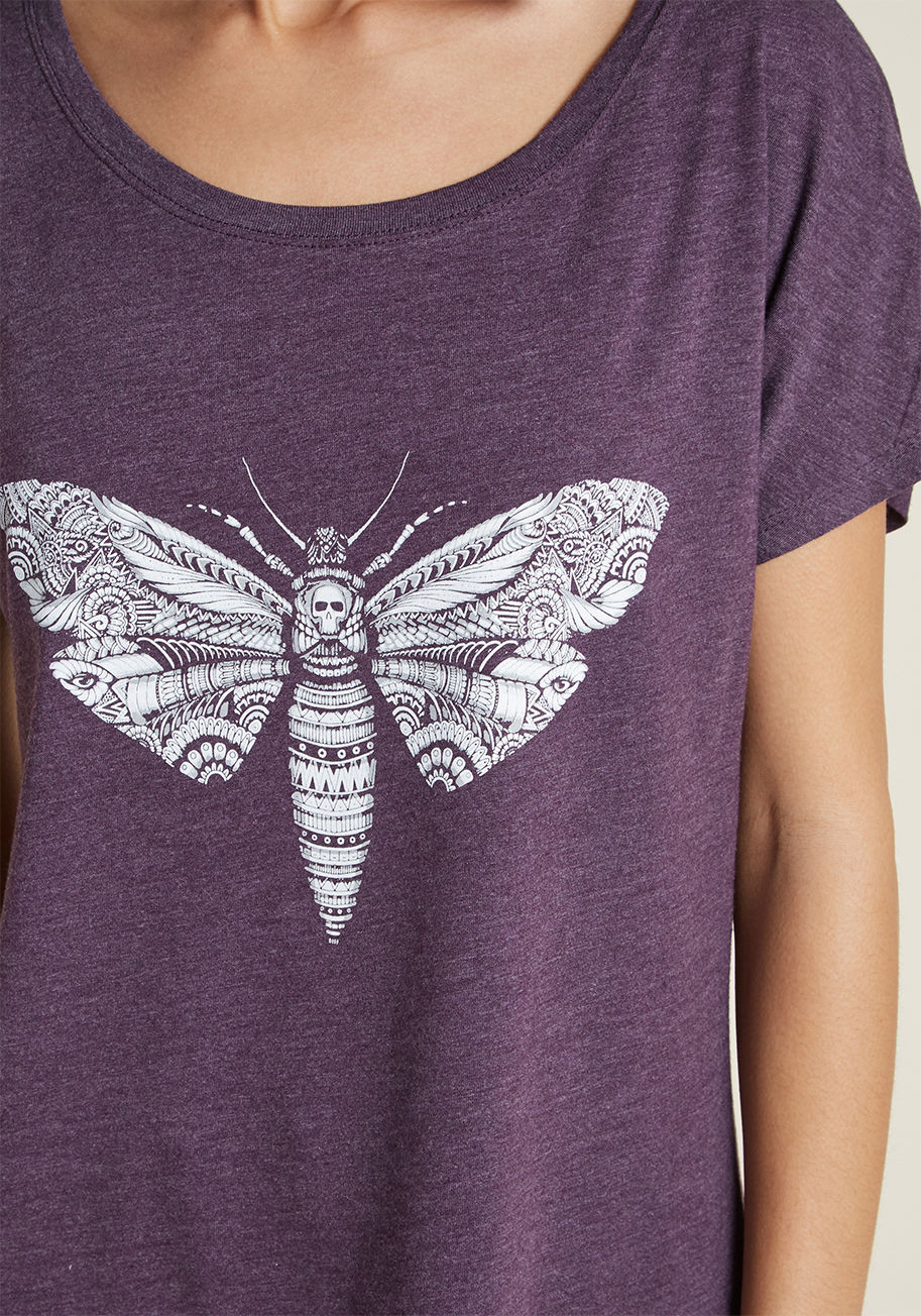 Deadhead Butterfly - There's no formula needed for styling this purple graphic tee - just do what feels right! Pair the wide neckline, relaxed fit and ModCloth-exclusive, macabre moth screenprint of this heathered top with anything you please, and you'll solve the effortless 