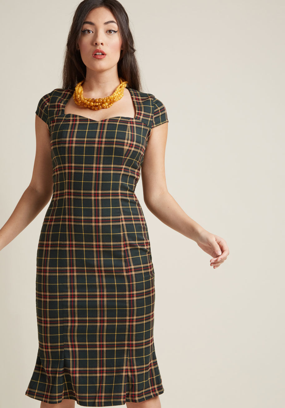 DR5378 - There's no wrong way to flaunt this plaid sheath dress - it's for both the retro enthusiast and modern-minded gal! Styled up with cap sleeves, a sweetheart neckline, and a flirty back keyhole, this green, crimson, and tan wiggle dress by Banned is about t