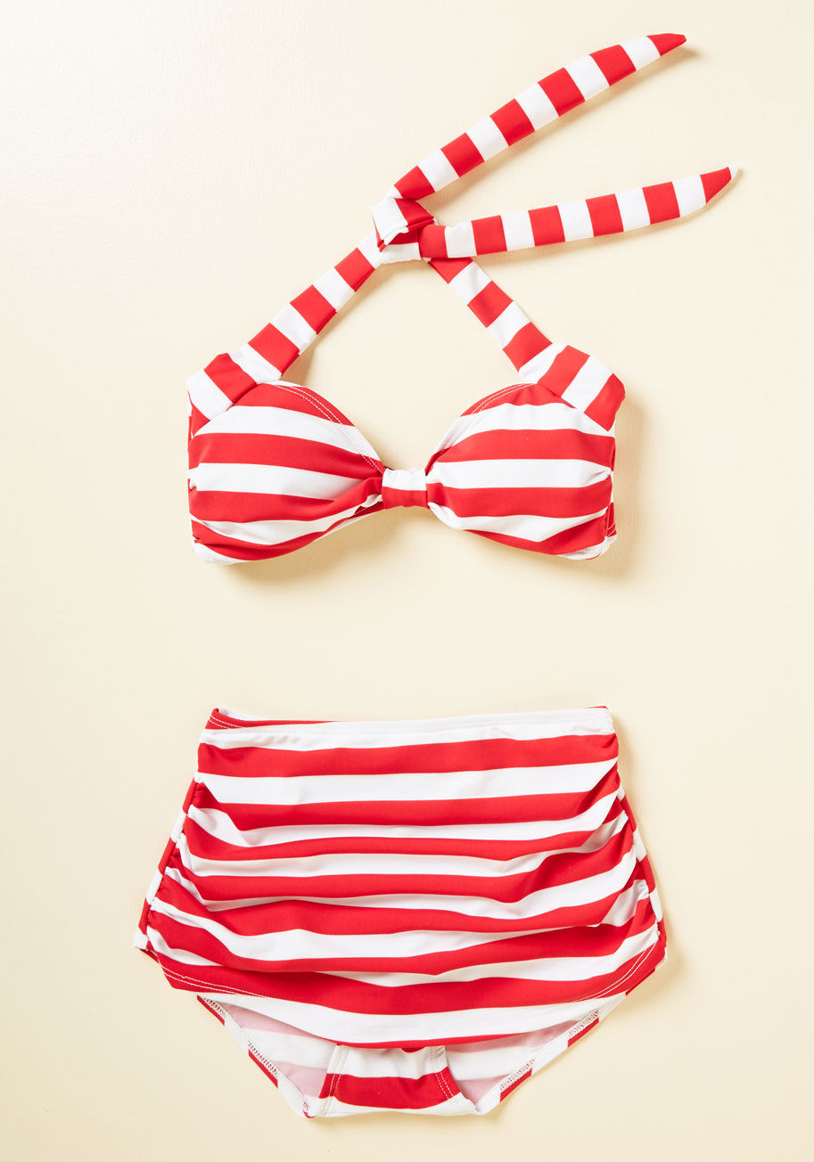 E09087P - It's ModCloth's ultimate swimsuit - now sold as separates! The holy grail of swimwear, this red-and-white striped swimsuit bottom by the iconic Esther Williams features low-cut legs, flattering side ruching, and a retro fit that wows on many body types. F