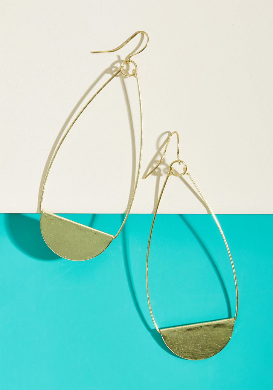 E3656GD - Tack on an extra sprinkle of elegance by employing these brushed gold earrings! Drop-shaped wires and folded metal half circles contribute to the shine and sophistication of this minimalist pair, making them an innate add-on to any outfit, any time.