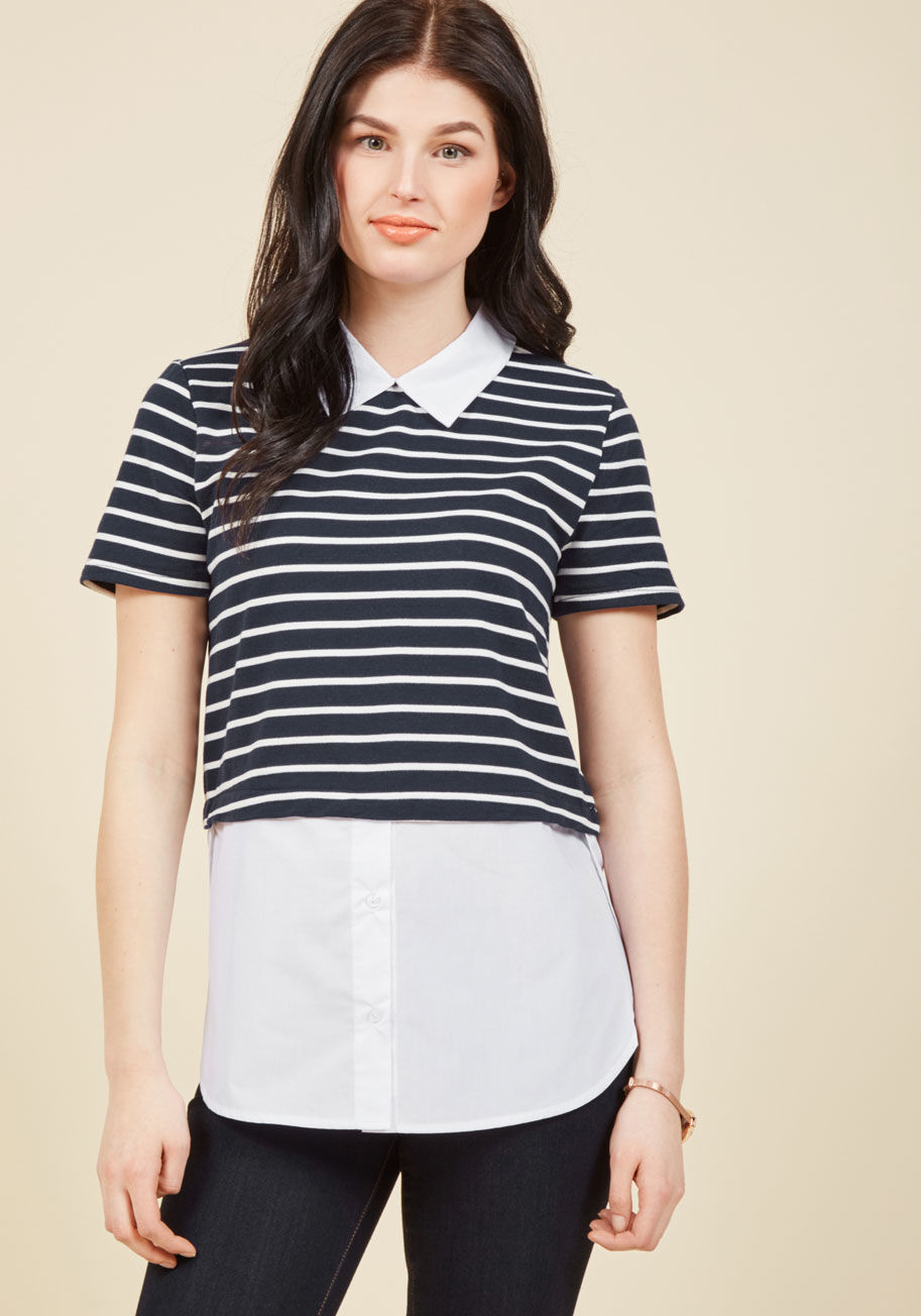 Et60875a - Your workdays are conducted effectively, energetically, and ever-so-stylishly thanks to the layered look of this navy blue and white top! With a crisp collar and vented, buttoned hem peeking out from its striped knit tee, this business casual separate mak