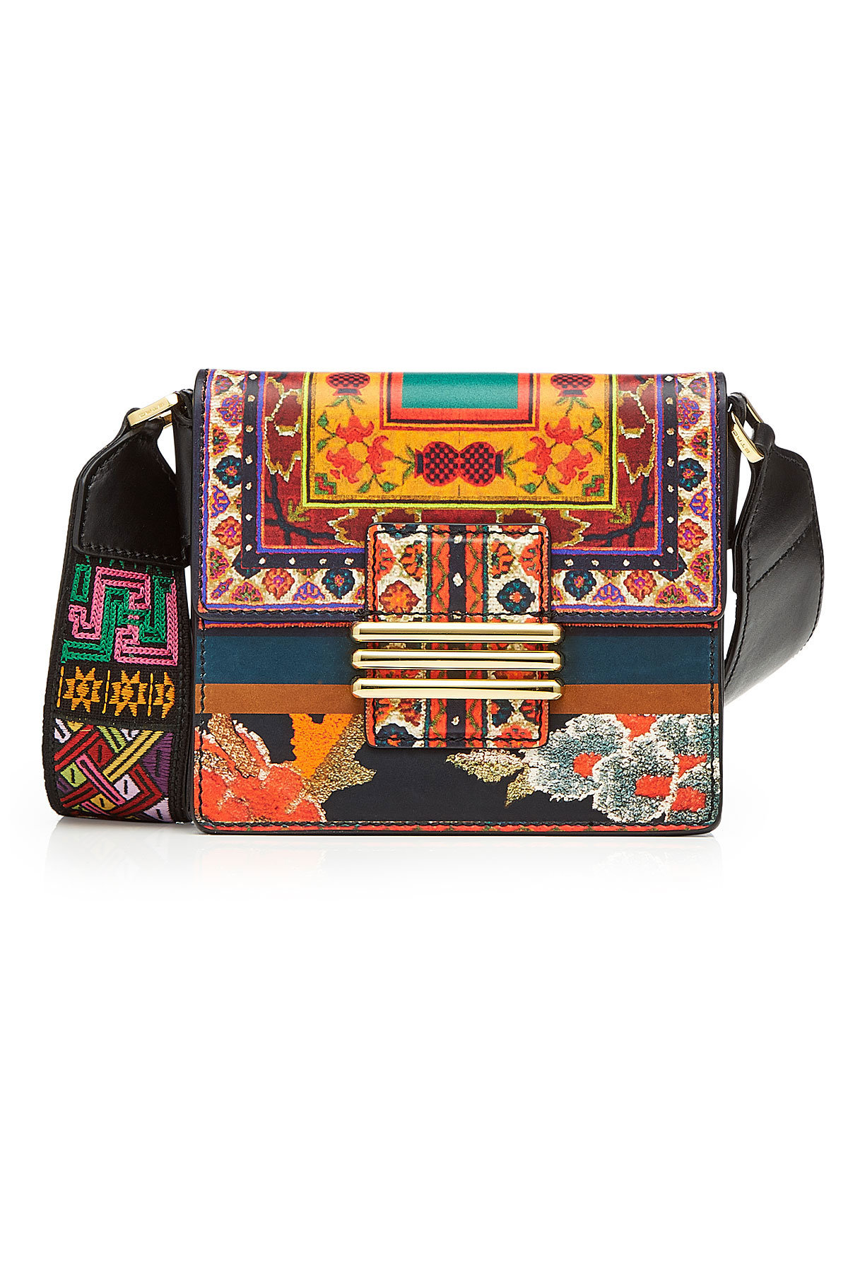 Etro - Printed Leather Shoulder Bag with Embroidered Strap