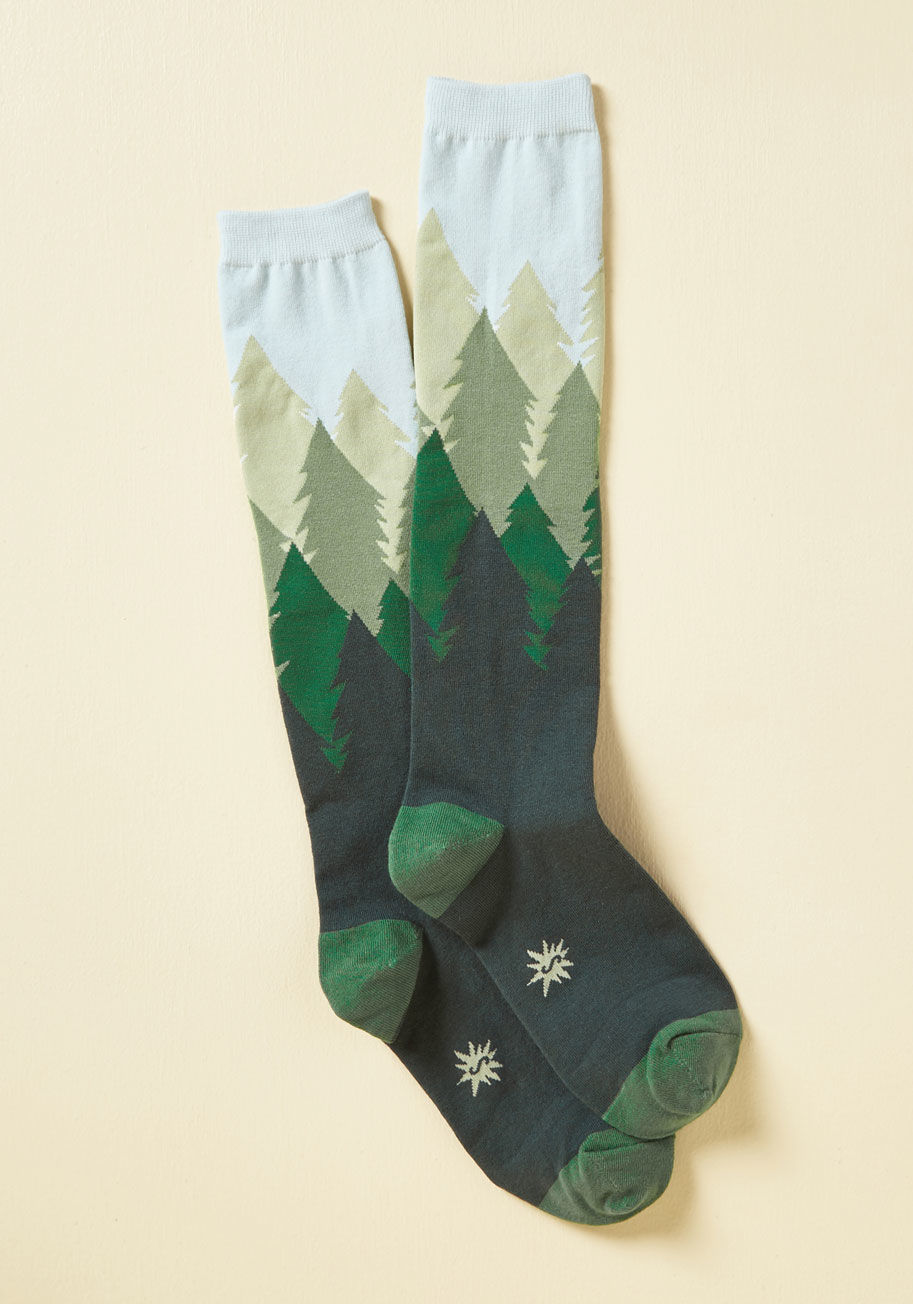 F0274 - Looking for the perfect reason to flaunt these pine tree knee socks? We believe that the enjoyment of sporting this pair&rsquo;s emerald, kelly, pistachio, wheat, and mist hues is justification enough!