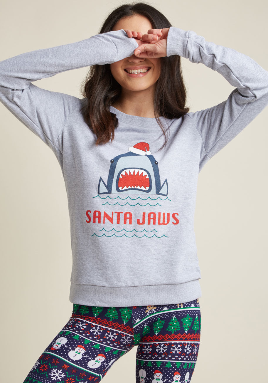 F8022N - You're gonna need a bigger closet, because this grey sweatshirt is about to pack it full of holiday cheer! A ModCloth exclusive, this lightweight pullover refreshes a favorite Christmas character with an aquatic-meets-iconic twist. Merry 'Fin-mas', indeed