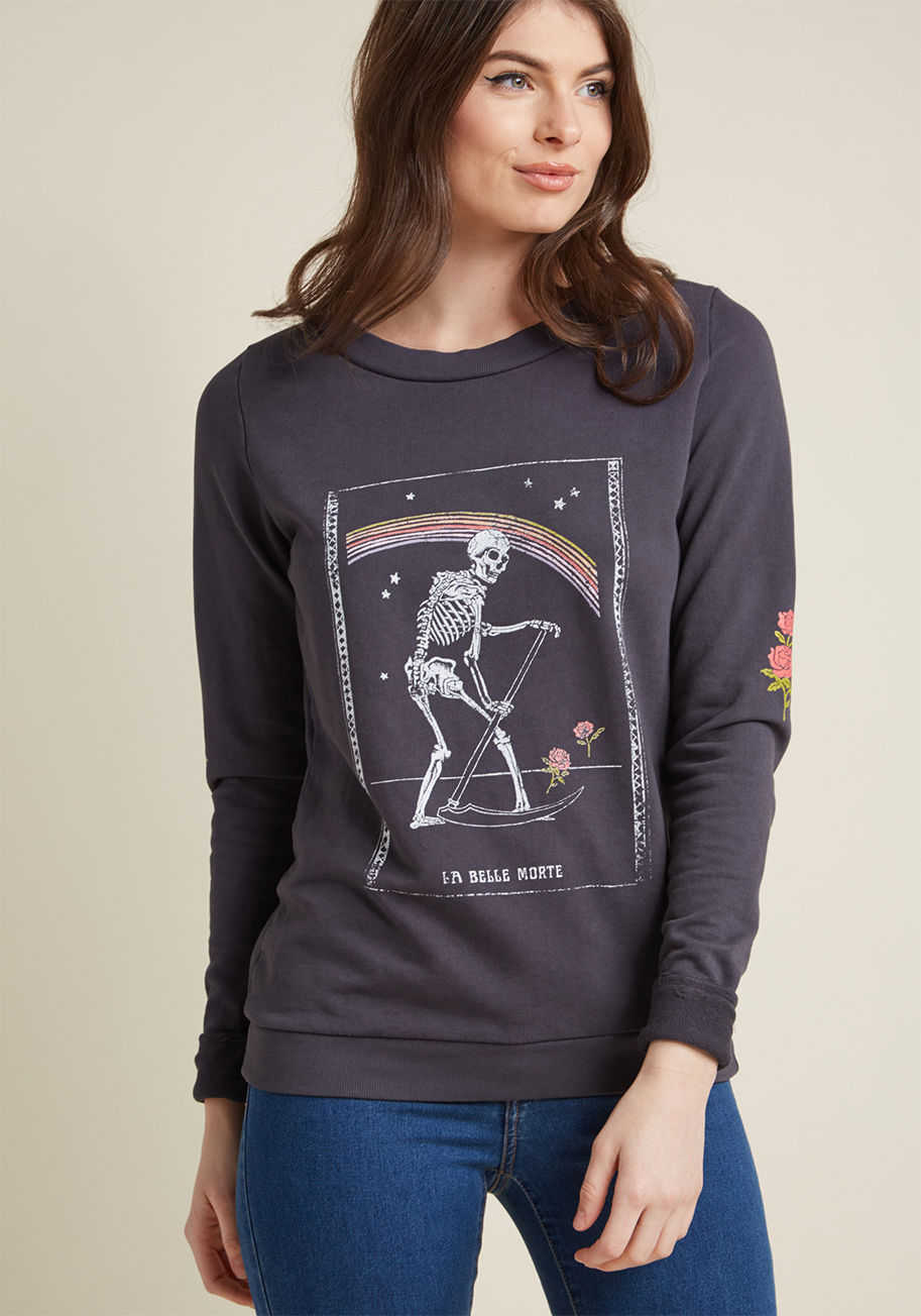 F8022P - Whether you're beginning your day or winding down for the evening, this graphic sweatshirt is pleased to participate! A ModCloth exclusive, this washed black pullover features a screen print of a macabre tarot card, and touts lovely roses at each elbow - 