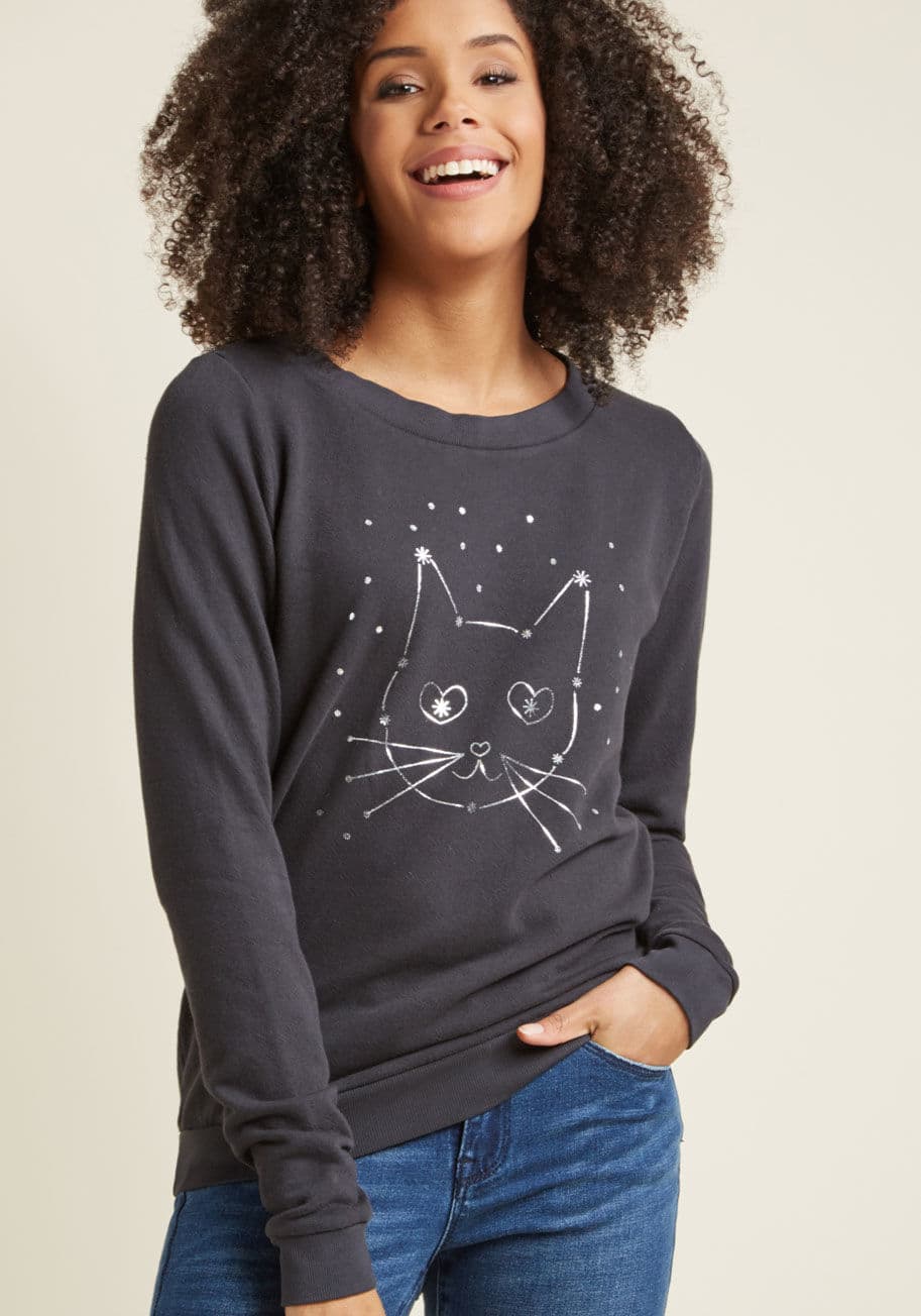 F8022Q - With this sweatshirt's metallic silver kitty constellation shining down on you, reaching for the stars has never made more sense. So, embrace the washed black hue of this ModCloth-exclusive pullover, and your stylish aspirations will be within arm's lengt