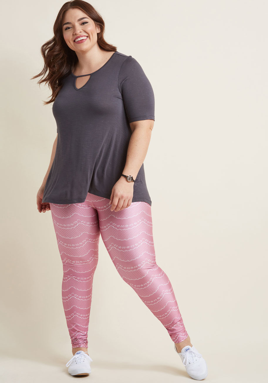 faux lace - Infuse your outfit with a hint of confection perfection, courtesy of these pink leggings! A ModCloth exclusive, this high-shine pair is patterned from waist to ankle with rows of scallops, alternating between flowers, dots, and solid sections for a look t