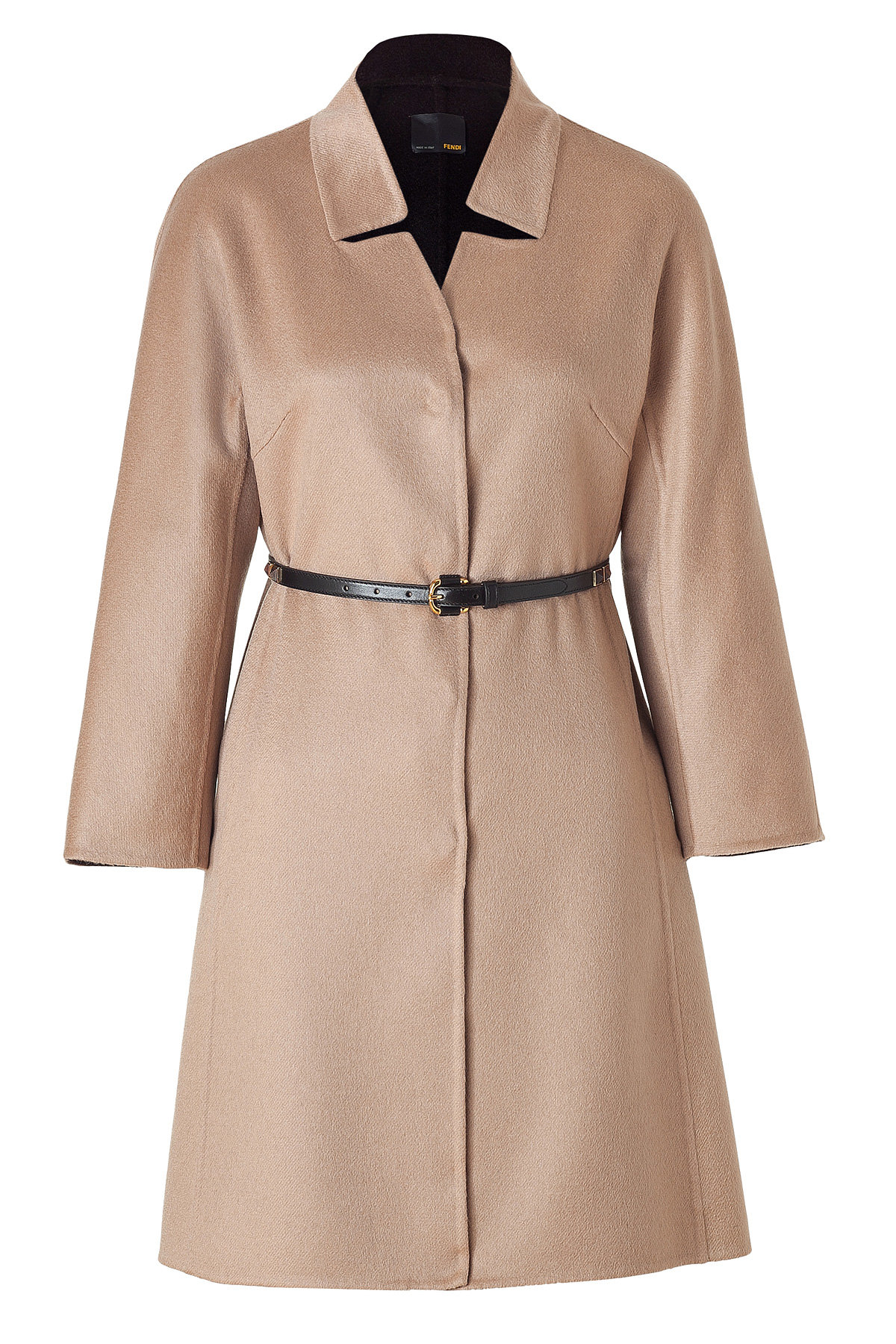 Camel Cashmere Coat with Studded Leather Belt by Fendi