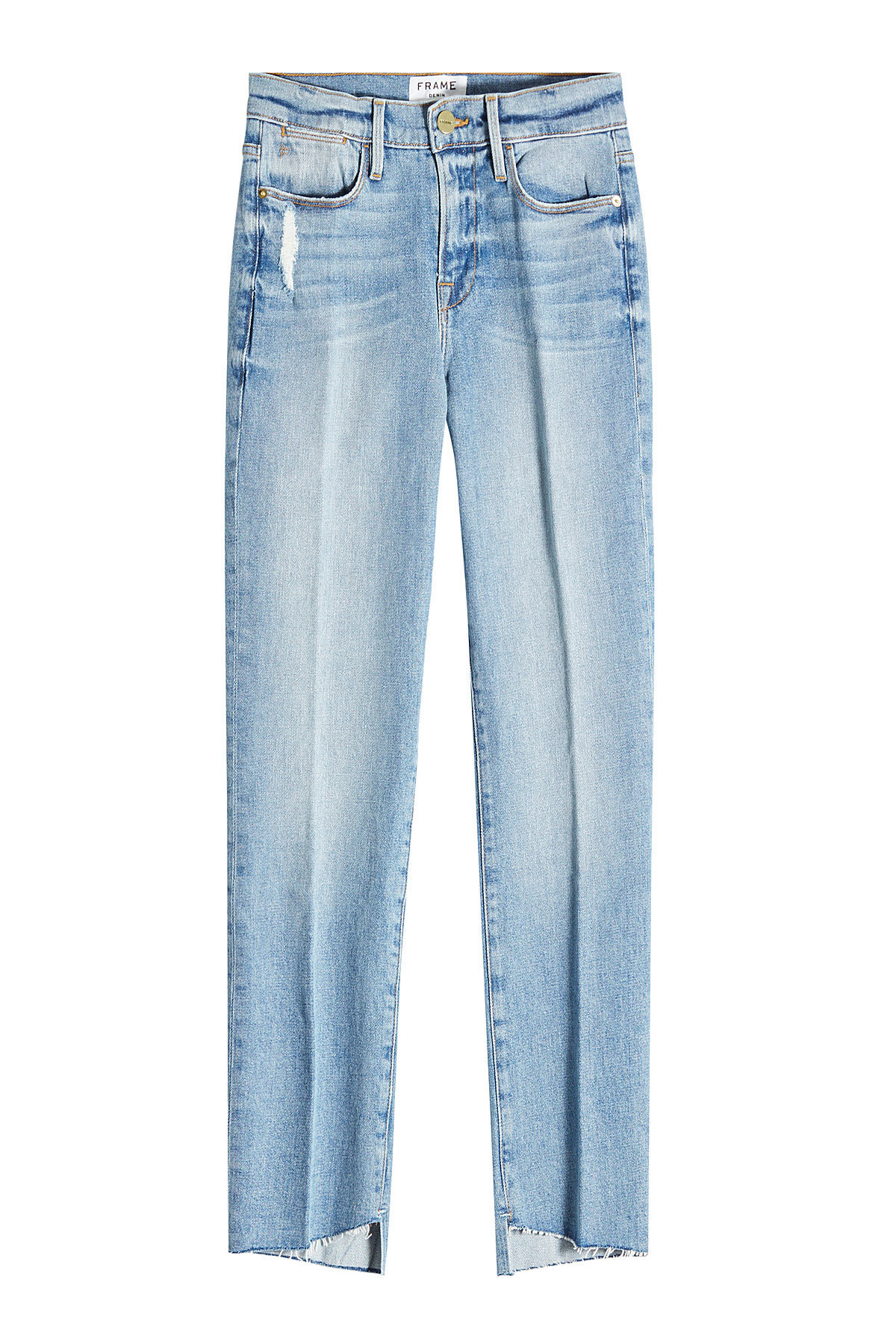 Frame Denim - Distressed Straight Leg Jeans with Asymmetric Hem