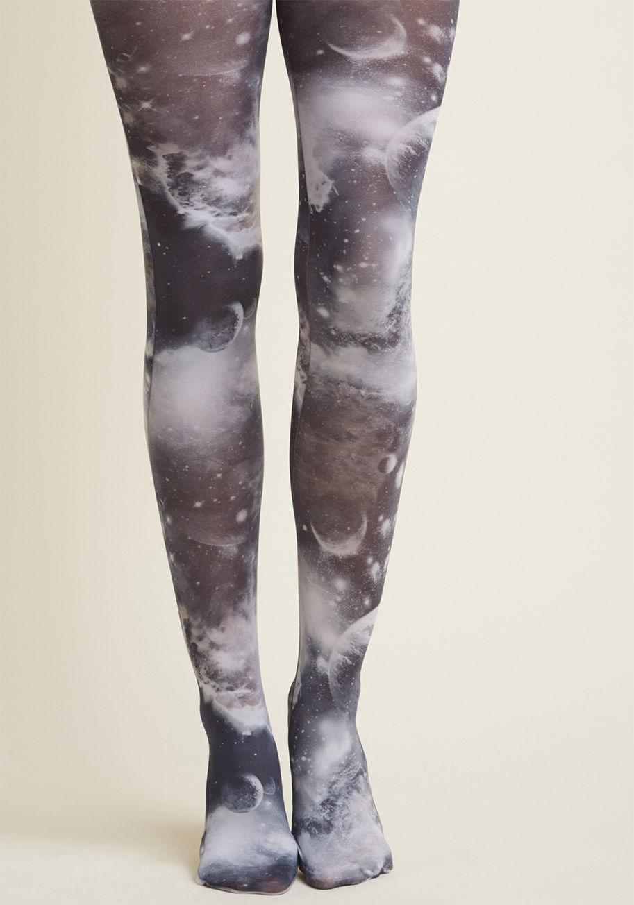 Galactic Sky Printed - Incorporate these black and white tights into your look, and be left adrift on sartorial bliss! Boasting an outer space motif that's as unique as it is unexpected, this patterned hosiery can either be styled subtly or featured as the star piece of your ou