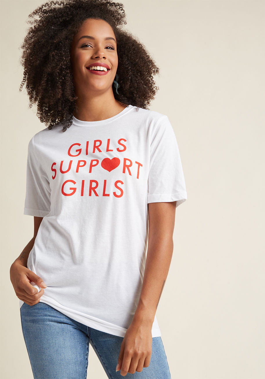 Girls Support Girls Tee - - Loving the empowering screen print that adorns this white T-shirt? So are we! Our shared admiration for the rallying red graphic on this top is surefire proof that its style speaks the truth. Meanwhile, its unisex fit encourages everyone to join