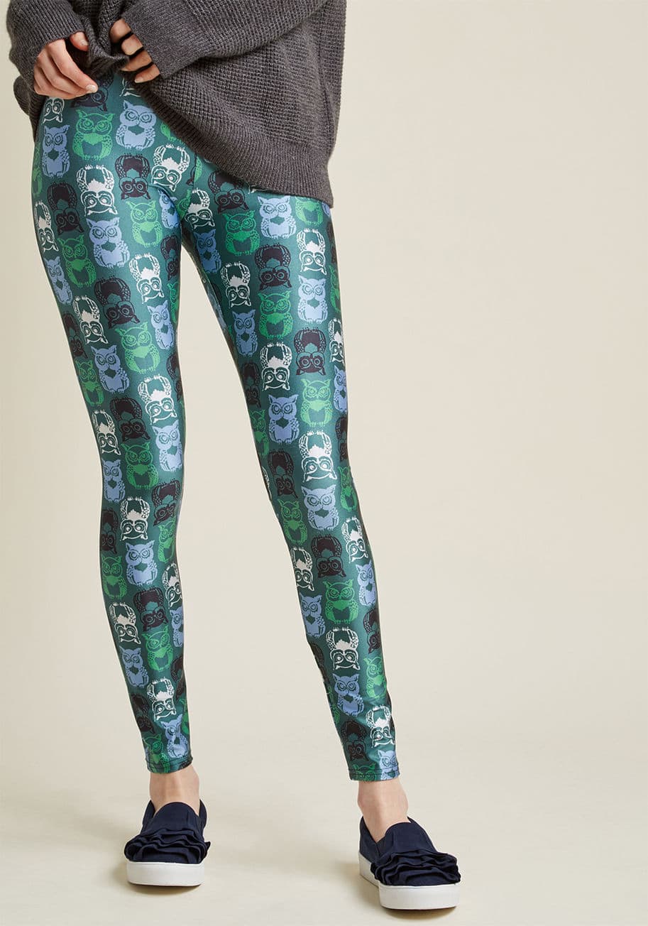 GREEN OWLS - These green leggings are available for more than just your downtime! A ModCloth exclusive, this pair happily offers its colorful owl print and sassy sheen to any moment you're looking to pepper your outfit with unexpected appeal.