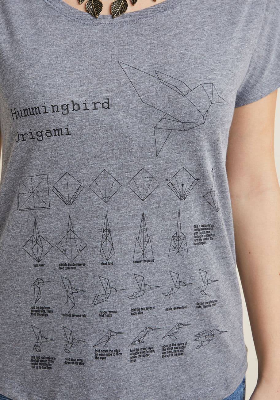 How to make a Hummingbird - This heather grey graphic tee not only offers you comfort and casual style, it's printed with a how-to that will help your creativity blossom! Below the wide neckline and between the dolman short sleeves of this soft, loose top, instructions to make an or