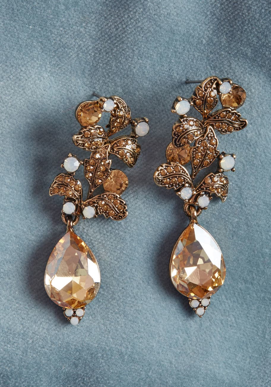 IMG-1858 - Offer an elegant nod to nature as you finish off your fancy look, by styling these bronze earrings with your beautiful ensemble. A ModCloth-exclusive pair with a vintage-inspired vibe, these dangling posts flaunt gemstone-touched leaves, opal-esque accent