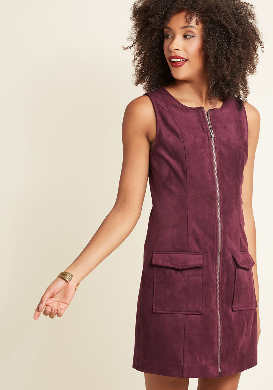 JIH308148 - This faux-suede sheath dress isn't only a masterpiece at the cocktail bar - its berry color is also a treasure behind the desk and at the museum! A Jack by BB Dakota design featuring a silver front zipper and flap pockets, this fitted piece de resistance 