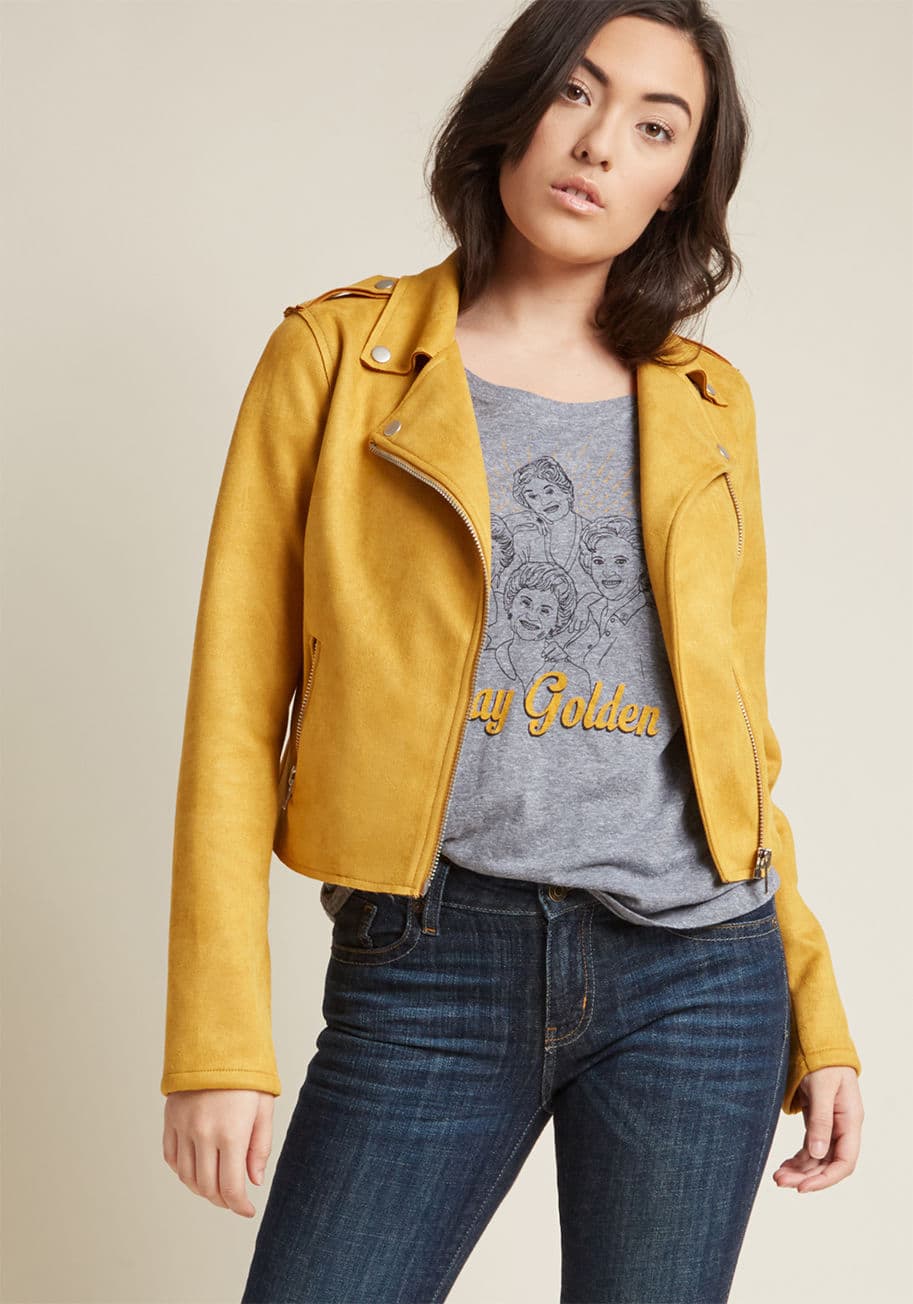 JJ1903 - Whether you're dashing downtown on foot or scootin' on your moped, this mustard yellow moto jacket will keep away the chill while inviting