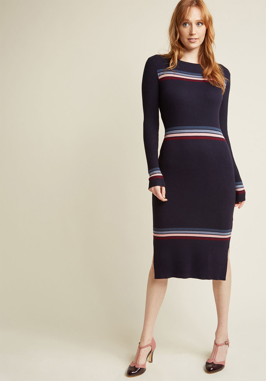 K0043 - Don't yell into the ether for the perfect knit midi dress - take this navy blue number from Sugarhill Boutique for a spin instead! Touting a feeling of fashionable familiarity with its long sleeves and sprinkling of muted blue, pink, and maroon stripes, t