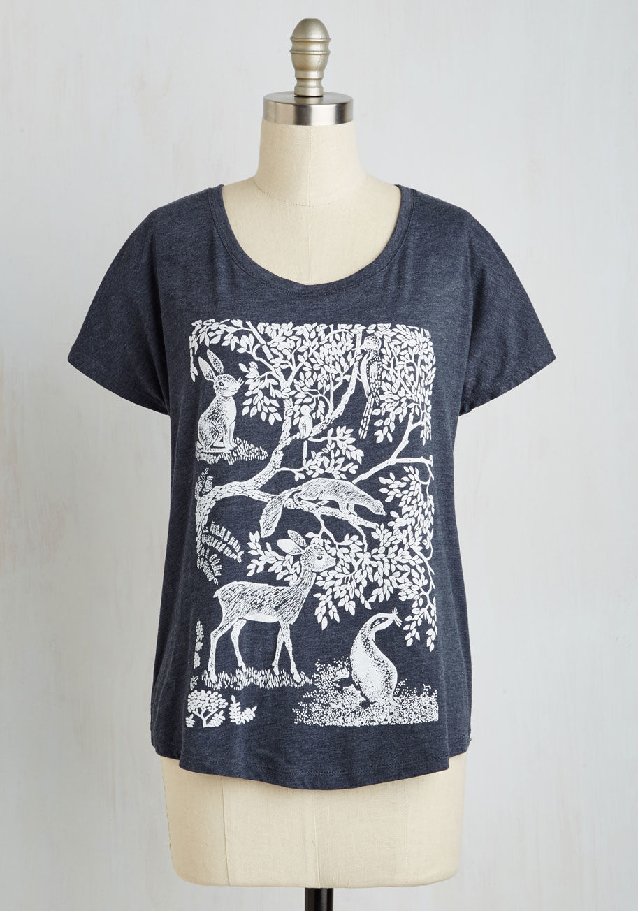 Little Deer - Just when you thought you found your favorite graphic tee, this heathered navy shirt appeared! Drawn to it&rsquo;s white, animal-bedecked woodland print, relaxed, scoop neck silhouette, and super soft jersey knit, you find your love for this top takes you