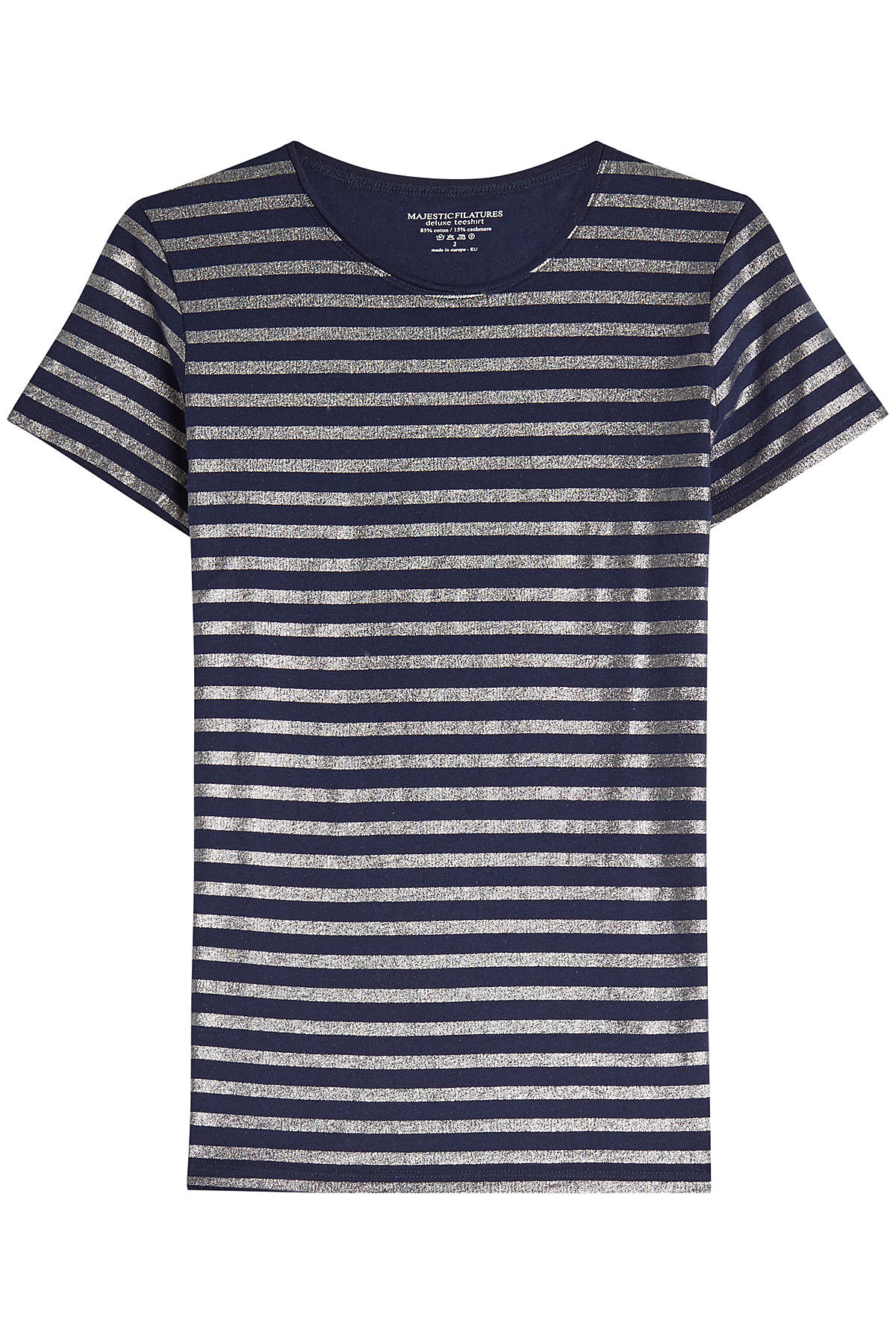 Majestic - Striped Cotton T-Shirt with Cashmere