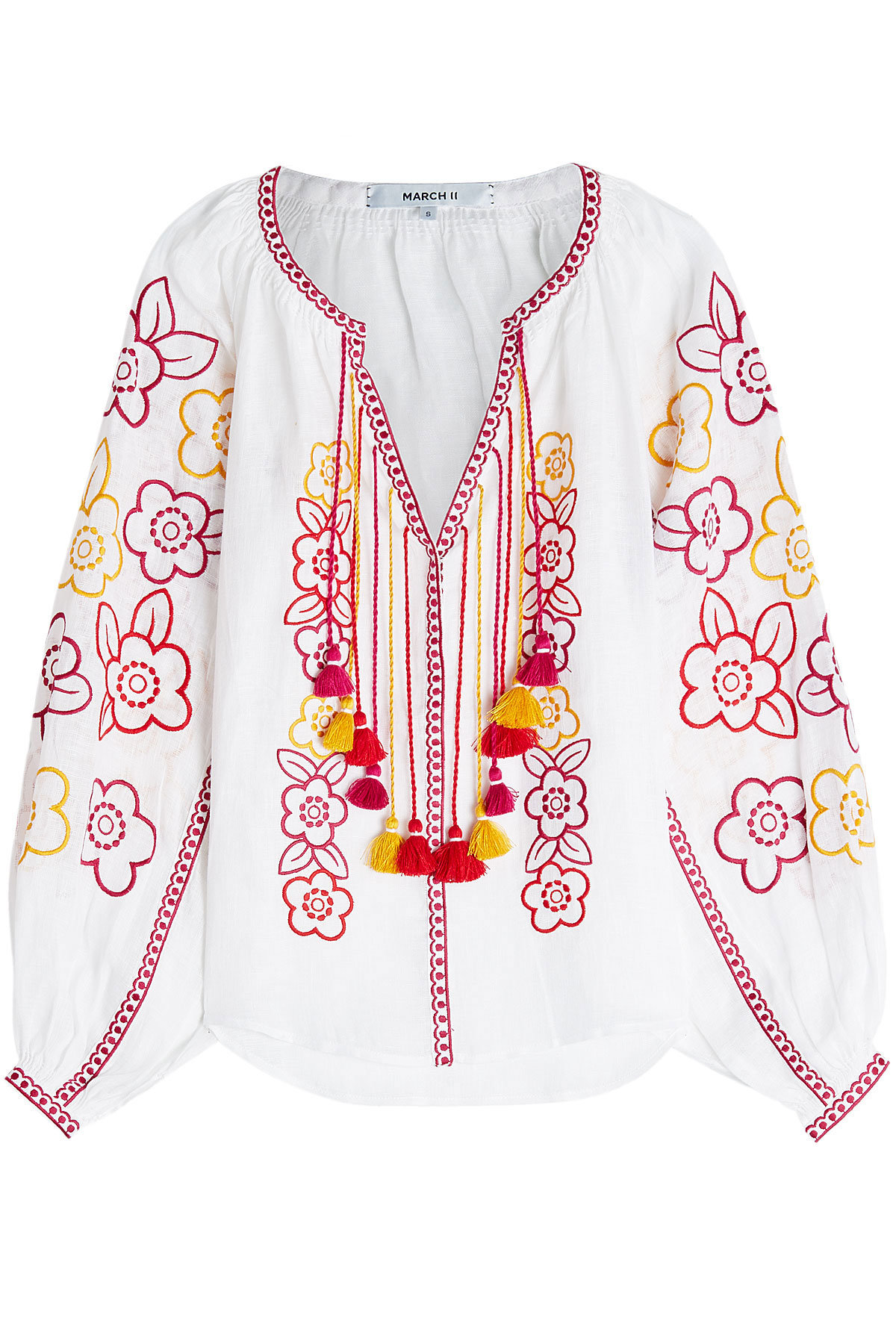 MARCH11 - Nina Embroidered Linen Blouse with Tassel Ties