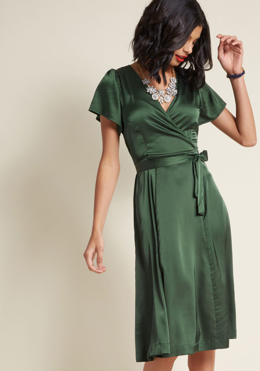 Marylyn - Elegance is made effortless with this satin wrap dress from UK brand Louche! Known for their playful details, this designer delivers delight through this frock's fluttery short sleeves, surplice neckline, and matching sash - a look that places your sophis