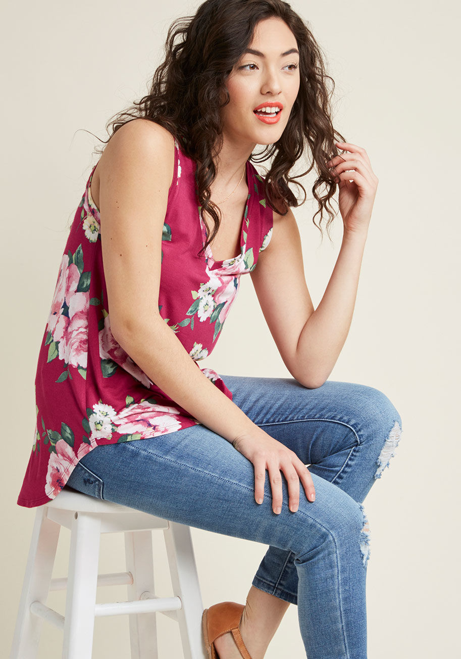 MC1076 - Every fashionista knows the necessity of pieces that can be infinitely styled, and this magenta top promises unlimited options. This ModCloth-exclusive V-neck's high-low hem and ultra-soft jersey knit pair with a dreamy floral pattern to assure boundless 