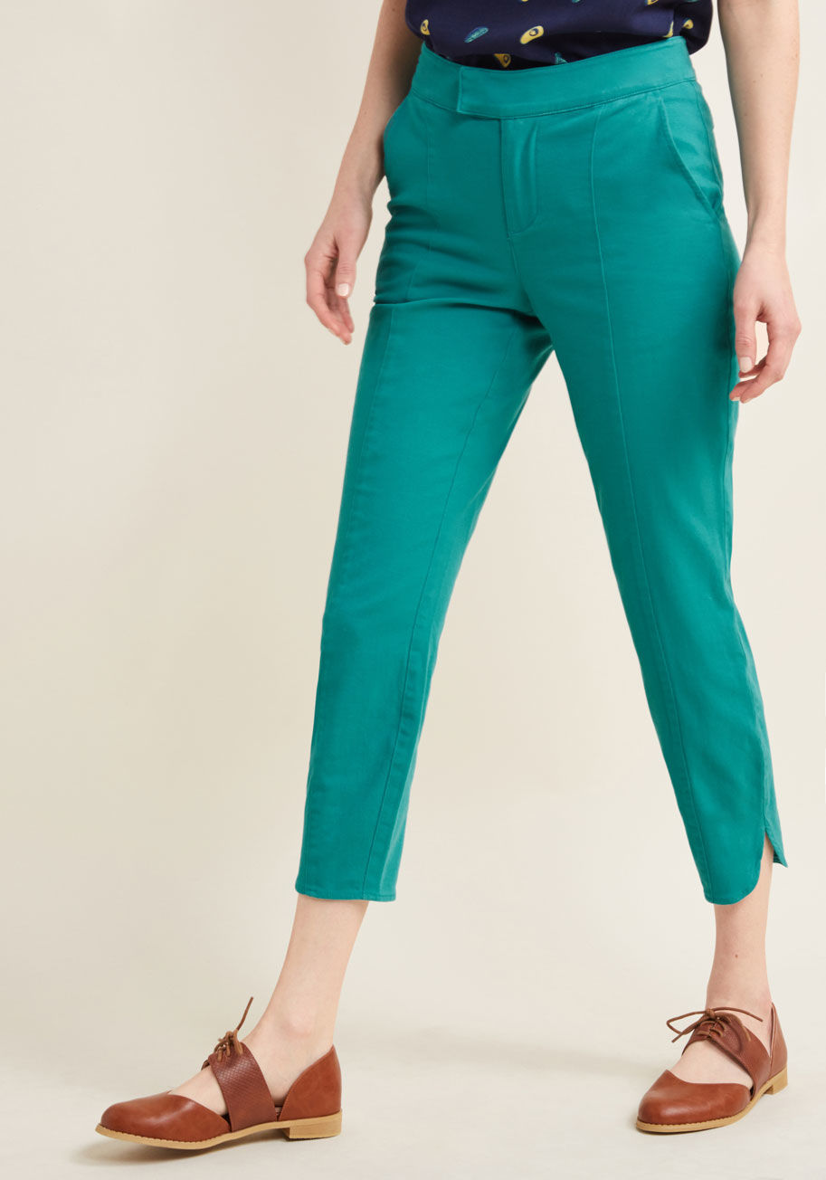 MCB1074 - Yes, these cropped trousers from our ModCloth namesake label are a perfect pick for the office, but that's not all! Observing the curved, vented side seams and classic, relaxed cut of this light, bright teal pair, you recognize their design as optimal for