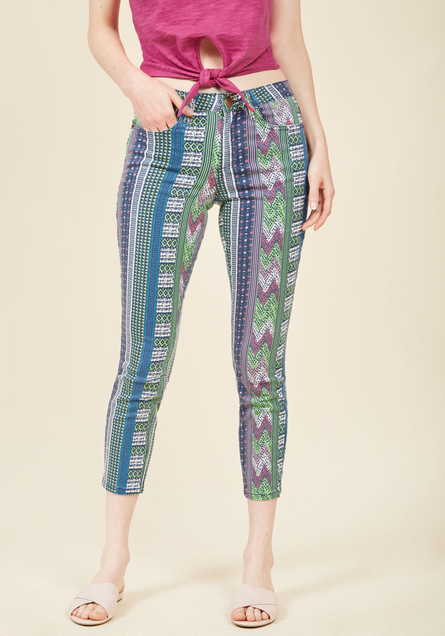 MCB1129 - An early-morning start isn't always easy, but the thought of outfitting these navy, pink, green, and white skinnies gets you out of bed right quick! Upon styling the cropped, print-mixed silhouette of this cotton-twill pair from our ModCloth namesake labe