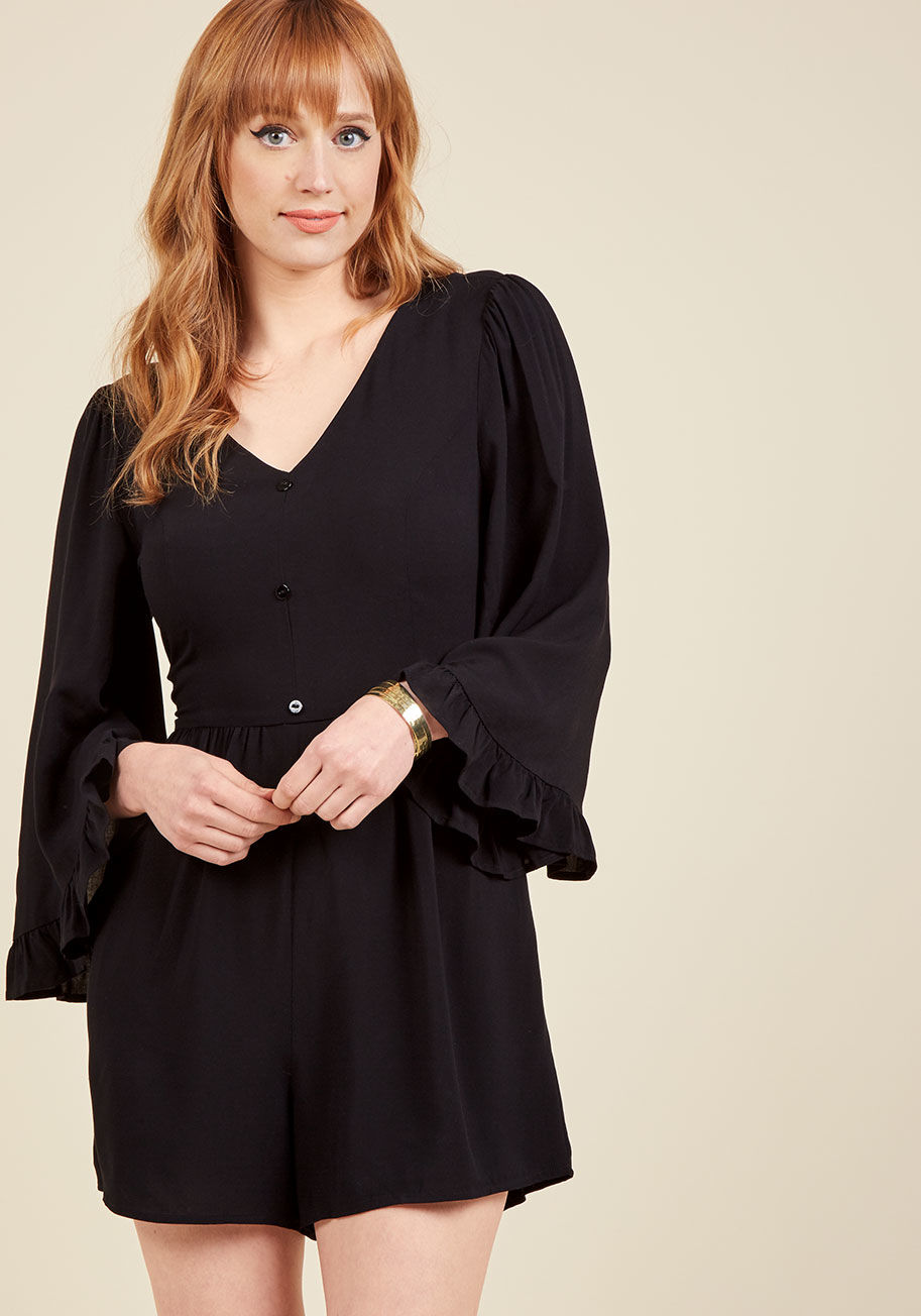 MCB1138 - Your day off is dreamy as can be thanks to this black romper - an offering from our ModCloth namesake label! Flaunting the button-touched bodice and back-tied waistband of this vintage-inspired, angel-sleeved onesie, you sway to a blossom-lined pathway ne