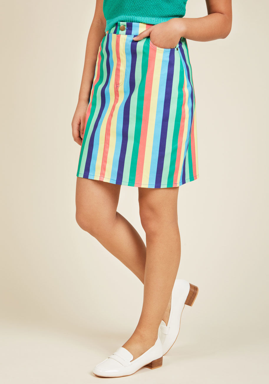 MCB1140 - If ever there were a gal who's always game to make days, it's you. And, the colorful vertical stripes on this stretch twill skirt make simple work of such a task! With front pockets, a smooth back, and a high waist, this ModCloth namesake label separate i