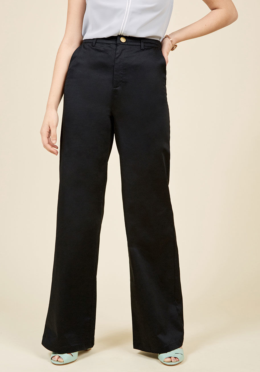 MCB1148 - In these wide-leg pants from our ModCloth namesake label, you're rarin' to go just about anywhere! From work to the wine bar, concert venues to country clubs, these black, stretch sateen bottoms carry an abundance of panache